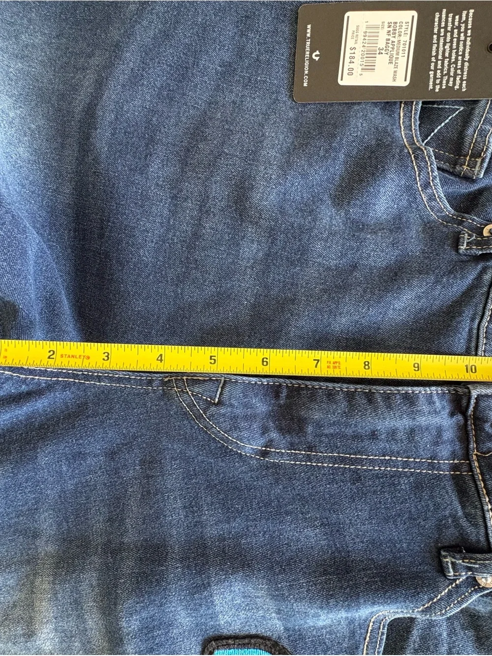 True Religion Bobby Baggy Mens Jeans W34 L32 Applique Blue Distressed Denim